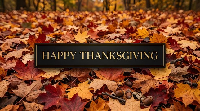 Autumn leaves create a vibrant background for a happy thanksgiving message in a wooden frame