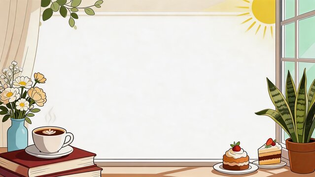 Cozy Indoor Scene with Coffee, Cake, and Plants by a Sunny Window