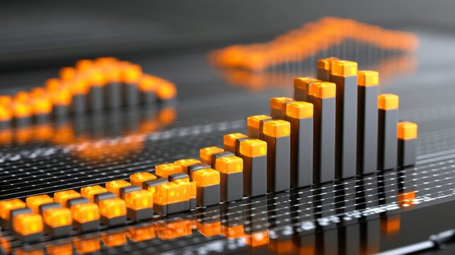 Abstract financial growth chart with vibrant orange and black bars representing data analysis, market trends, and performance metrics in a digital environment