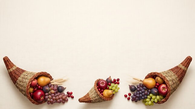 Three cornucopias overflowing with assorted fresh fruits on a light background