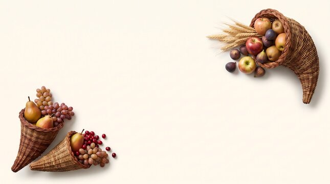 Two cornucopias filled with autumn harvest fruits and grains on cream background