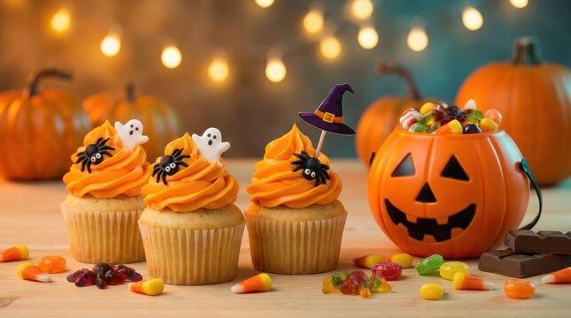 Orange Halloween cupcakes with spooky sugar spiders, festive witch hat decorations and candy treats arranged on rustic wooden table for party desserts