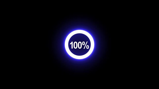 Complete 100 percent loading represented by a bright blue neon circular progress bar on black percentage