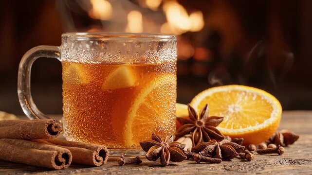 Steaming mug of warm mulled cider with orange slices, cinnamon, and star anise on a rustic wooden table, cozy fireplace in background.