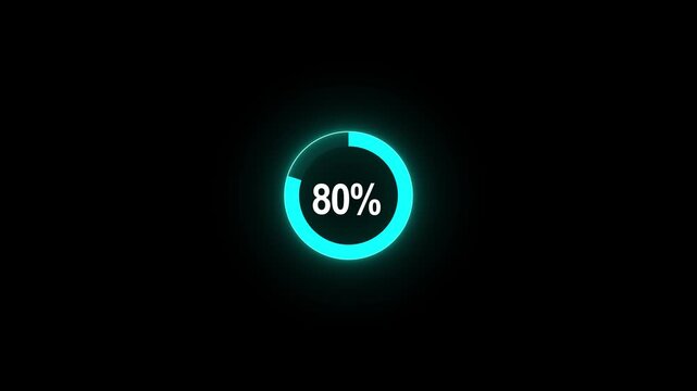 Complete 80 percent loading represented by a bright blue neon circular progress bar on black percentage