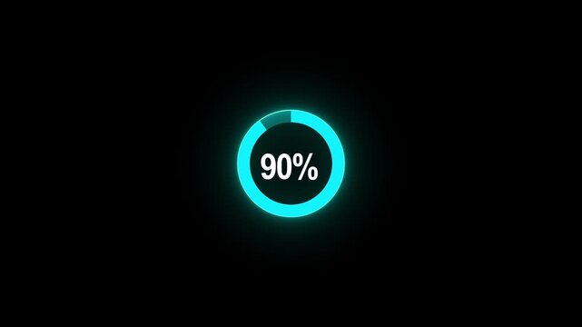 Complete 90 percent loading represented by a bright blue neon circular progress bar on black percentage
