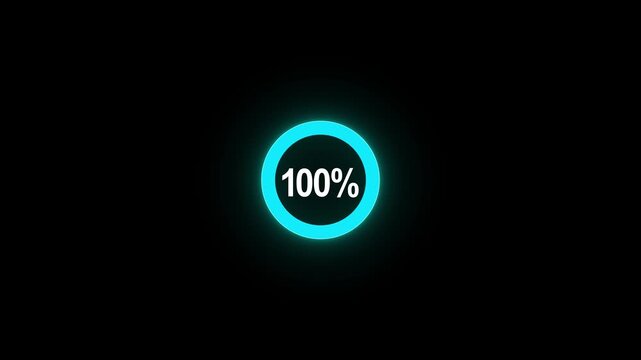 Complete 100 percent loading represented by a bright blue neon circular progress bar on black percentage