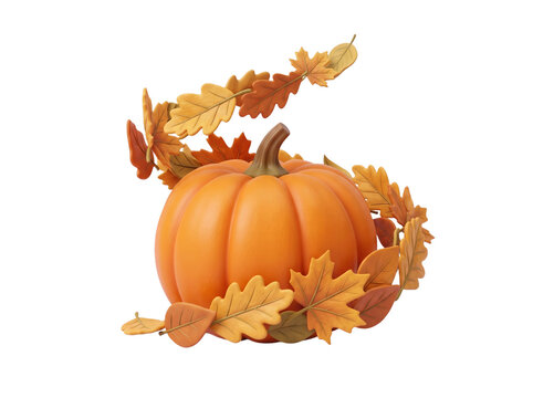 Autumn pumpkin with a wreath of golden maple leaves
