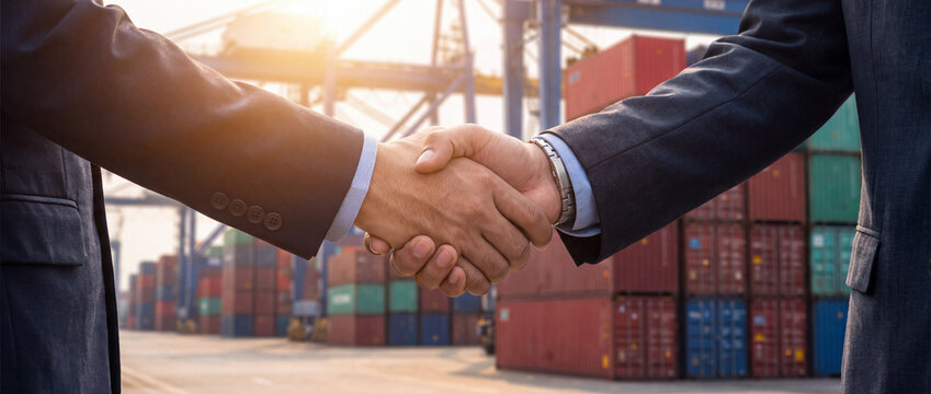 Businessmen shaking hands with shipping containers in background for partnership.