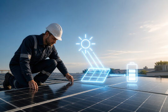 Solar Technician Checking Panel Efficiency Hologram for Renewable Energy Maintenance Clean Power and Photovoltaic