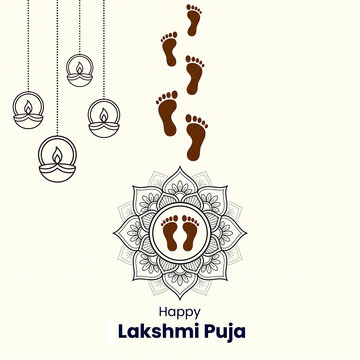 Floral ornament with footprints and oil lamps represents a vector illustration for lakshmi puja