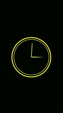 Simple yellow clock animation with moving hands on a black background in vertical format for time management and deadline concepts with alpha channel transparency for easy editing