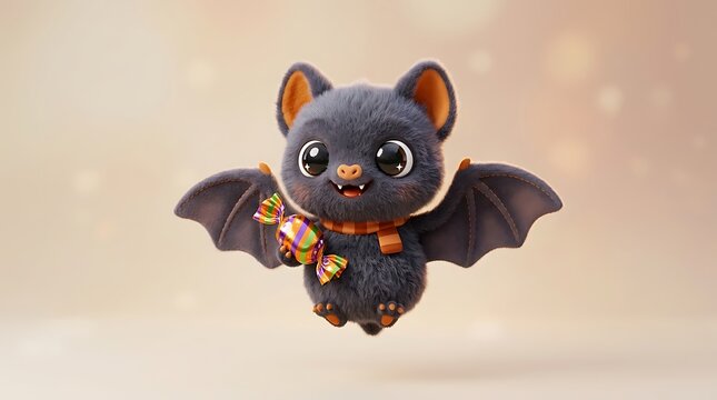 A cute little fluffy bat character with big eyes wearing a festive orange scarf