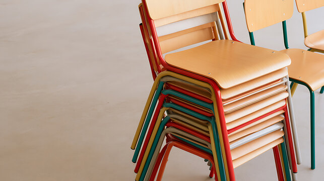 A neat stack of colorful school chairs with metal frames and wooden seats arranged in a bright classroom setting for education concepts