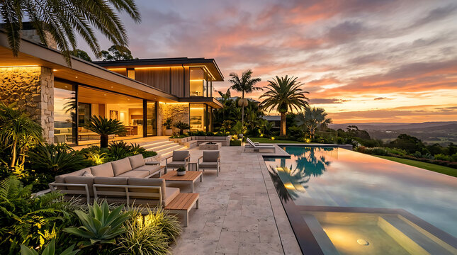 Opulent modern mansion with a sprawling infinity pool and lush landscaping at twilight.