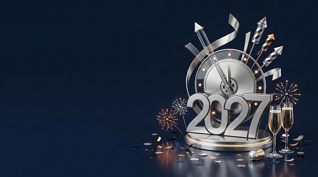 Elegant golden clock tower celebrating the arrival of the year 2027.