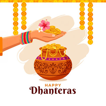 Floral ornament and golden coins held in a hand a dhanteras vector illustration greeting