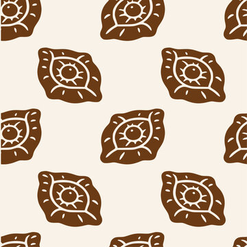 Danish pastry pattern with bakery, pastry, fruit centers, flaky layers, decorative shapes and seamless vector artwork featuring repeated brown motifs on a light background