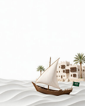 Traditional Saudi Dhow boat sailing on white sand dunes with historic architecture background
