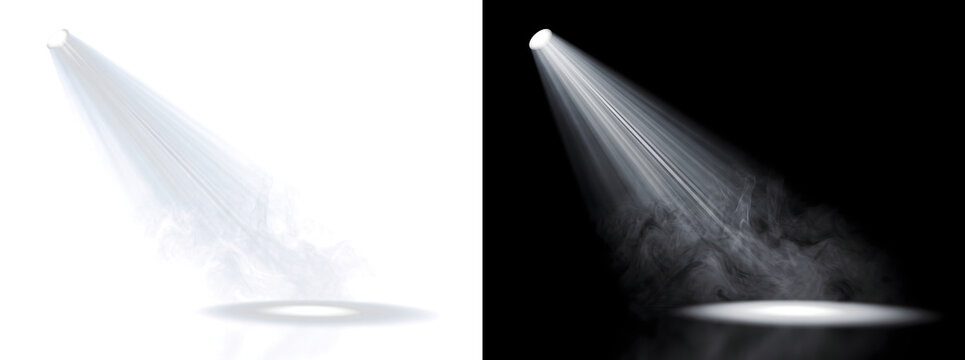 Spotlight angled white light beam pierces thick smoke landing on glowing oval floor spot for design PNG, Transparent and Black Background Versions for editing