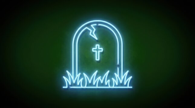 Glowing blue neon tombstone sign with cracked surface, illuminated holy cross displayed against dark green wall for Halloween and horror designs