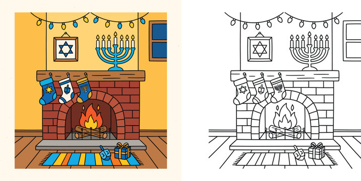 Cozy Hanukkah fireplace scene vector illustration with menorah dreidel gift box and coloring page line art vector set for Jewish holiday celebration design.
