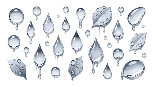 Water droplets and leaf shapes form a detailed vector illustration on white