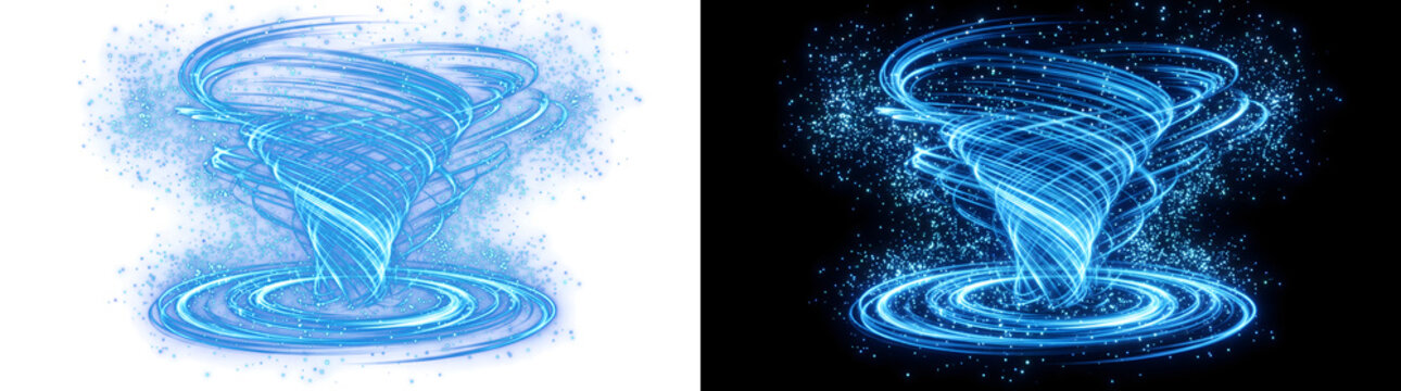 Vortex glowing blue energy vortex swirls with sparkling particles forming magical whirlwind portal for fantasy design PNG, Transparent and Black Background Versions for editing
