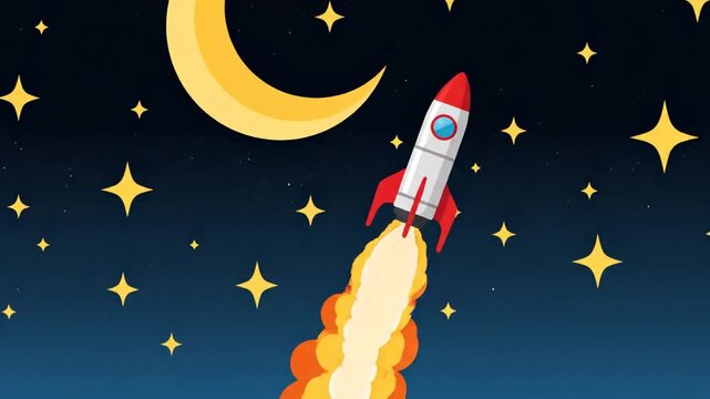 A colorful rocket ship launches into the bright blue sky