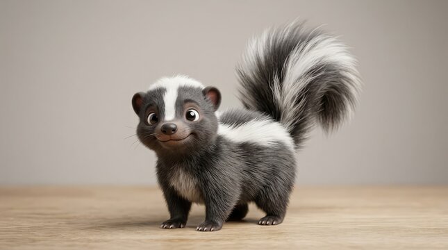 Cute Animated Skunk Character with Fluffy Tail on Wood