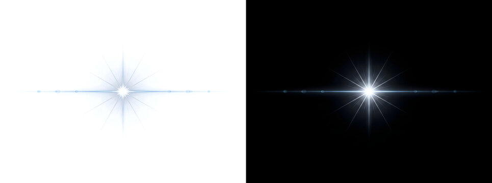 Flare cool white lens flare star shines along horizontal light streak with faint anamorphic dots for cinematic design PNG, Transparent and Black Background Versions for editing