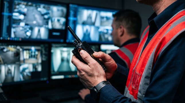 Security guard in reflective vest using walkie-talkie in cctv monitoring control room. Man operator watching surveillance cameras on screens. Video security system and protection technology concept.