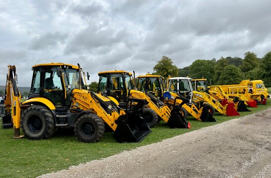 Derbyshire, England, UK. September 4, 2026. A timeline of JCB backhoe loaders, including JCB 3CX Pro / Eco variant.