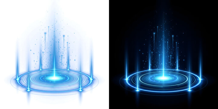 Portal futuristic blue hologram teleport circle beams light rays upward with data particles for sci fi design PNG, Transparent and Black Background Versions for editing
