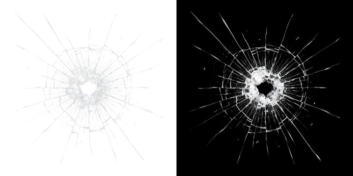 Crack shattered glass with round bullet hole shows radiating cracks and fragments for realistic overlay PNG, Transparent and Black Background Versions for editing