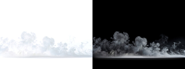 Fog dense billowing smoke clouds spread across dark horizon with subtle reflective light line for cinematic design PNG, Transparent and Black Background Versions for editing © Nyxthrasza