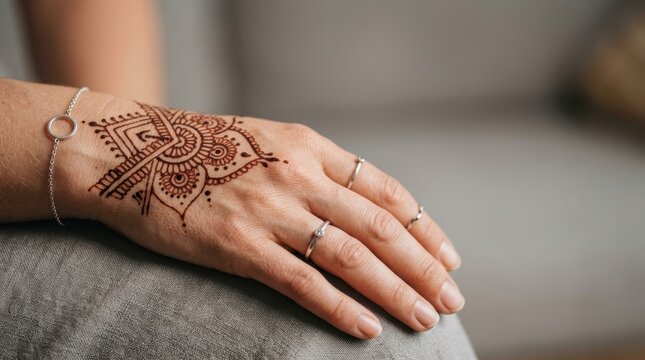 A woman displays her delicate hand adorned with intricate henna patterns while wearing thin silver rings and a matching bracelet to enhance the traditional beauty of her artistic skin decoration