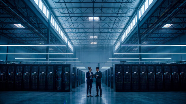 Two engineers with a tablet walk through rows of server racks in a modern data center, inspecting cloud storage infrastructure. Concept of network hardware, cable management, and IT audit.