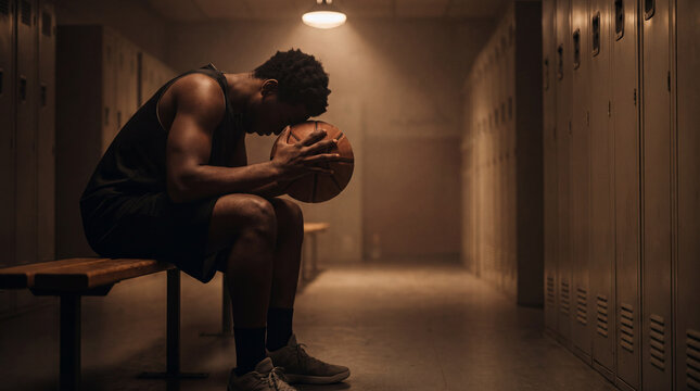 A basketball player sits alone in the locker room holding a ball, head down with visible tension and worry before the match. Concept of athlete stress, mental focus, and sports preparation.