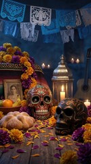 Obraz premium Mexican Day of the Dead, traditional Dia de los Muertos ofrenda celebrating All Souls and Saints holiday, decorated altar with carved skull, sweet bread, burning candle, marigold flower, papel picado.