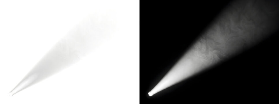 Spotlight bright flashlight beam cuts diagonally through smoky haze with visible dust texture for cinematic design PNG, Transparent and Black Background Versions for editing