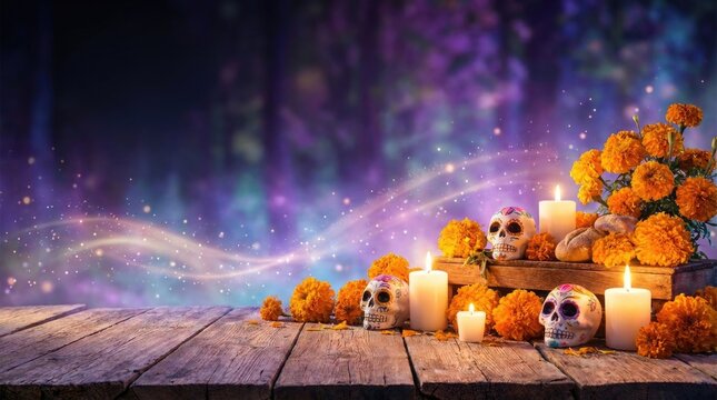 Day of the Dead, Dia de los Muertos, All Souls, Saints tribute on rustic wooden table decorated with painted sugar skull, orange marigold flower, burning candle, magical purple background.