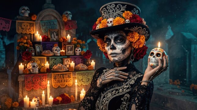 Mexican woman wearing Catrina skull makeup, elegant top hat, holding glowing candle near cemetery altar during Dia de los Muertos celebrating All Souls and Saints Day of the Dead.