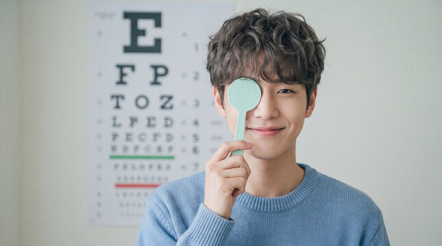 A young man of Asian appearance holds an eye occluder for vision testing in an ophthalmologist's office, Concept of optics, eye problems, vision correction.