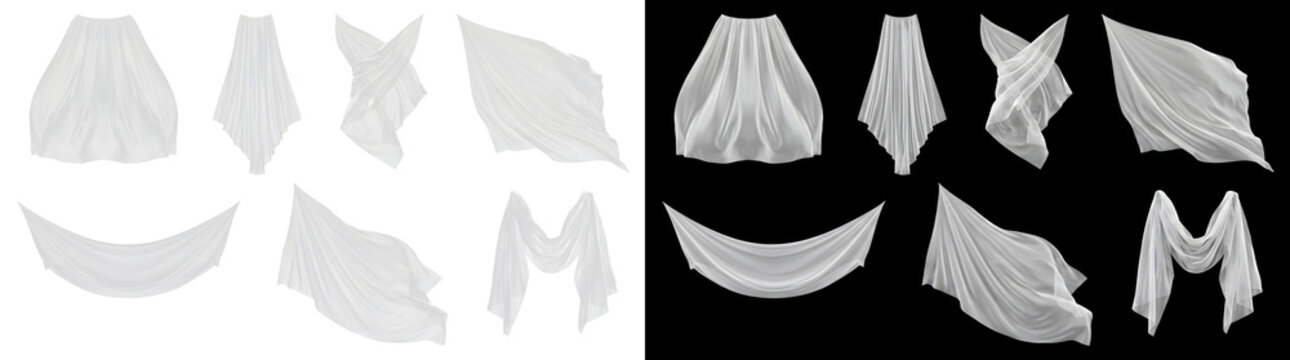Silk sheer white fabric curtains billow into eight varied flowing draped shapes for elegant design PNG, Transparent and Black Background Versions for editing