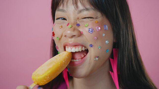 Beautiful asian woman portrait, young asian woman smiling with face stickers and pink background