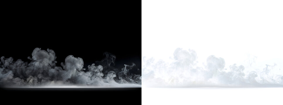 Fog thick white smoke rolls low along dark horizon with faint reflective glow beneath for cinematic design PNG, Transparent and Black Background Versions for editing