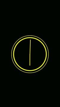 Simple yellow clock animation with moving hands on a black background in vertical format. Minimalist timekeeping graphic suitable for overlays with an alpha channel for video editing.