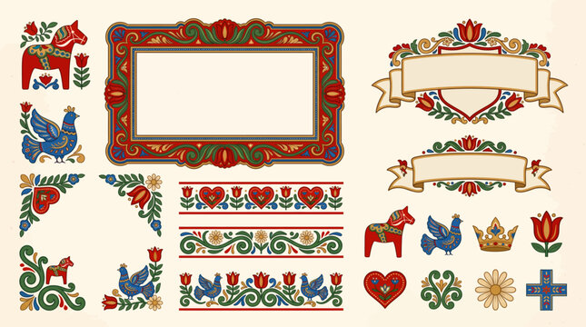 Swedish Dala Folk Heart Crown Frame Border Ornamental Set
