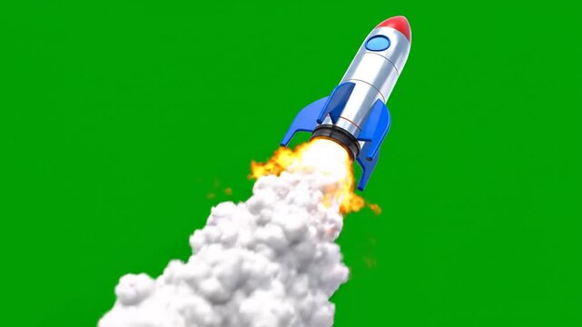 A colorful toy rocket ship launches into the bright sky
